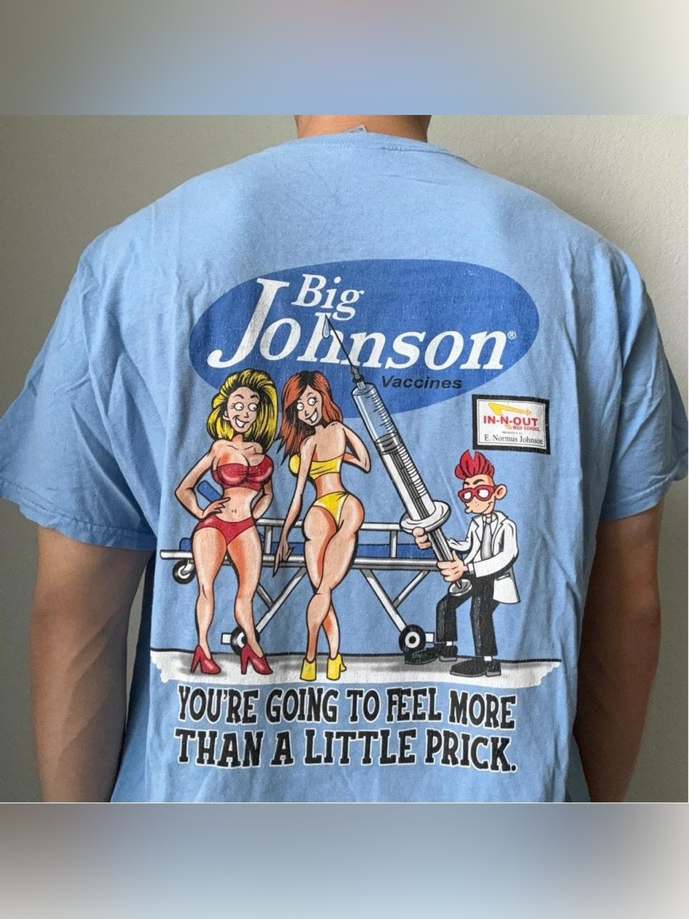 Vintage 2000s Big Johnson Vaccines Graphics Tee Shirt - Light Blue